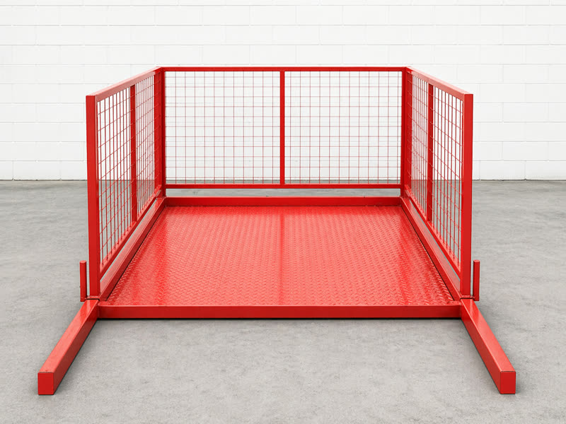 Plataforma de grua com piso metálico e guarda-corpo lateral